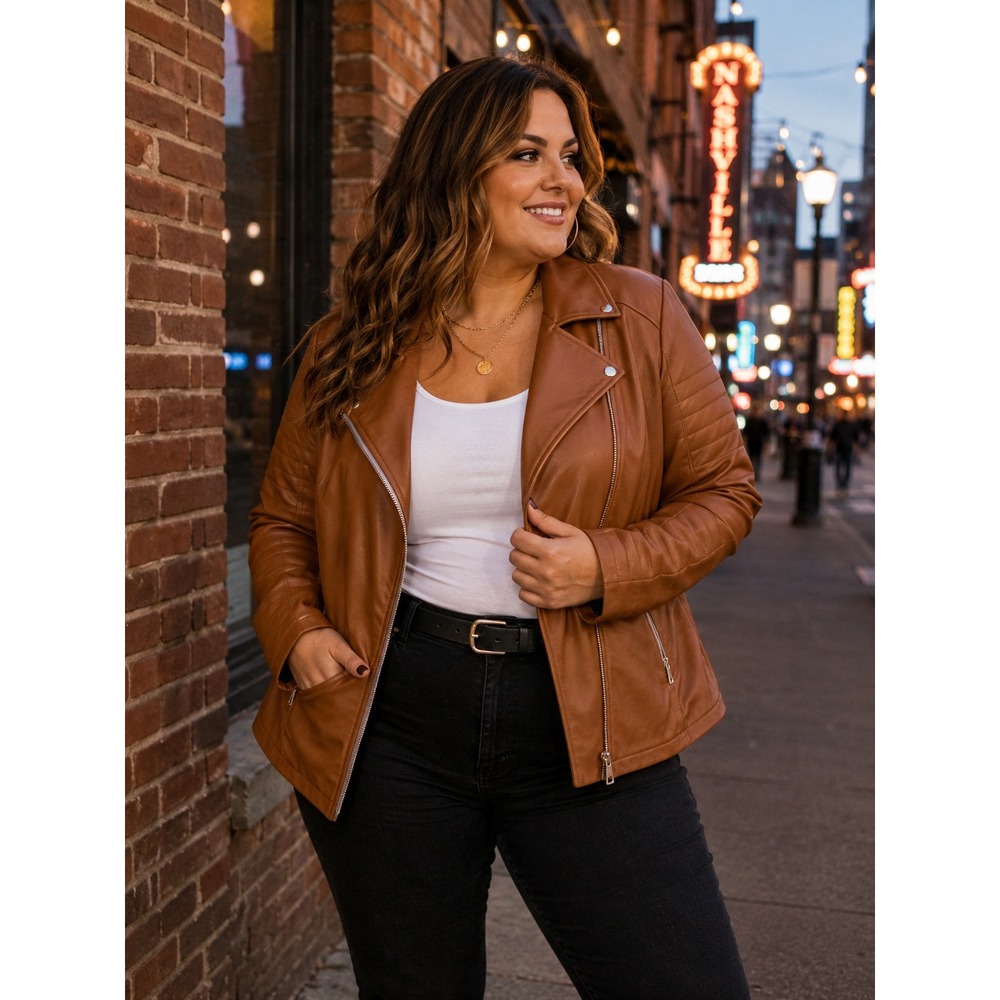 Molly & Isadora Cognac Faux Leather Moto Jacket Womens 4X Brown Quilted Biker